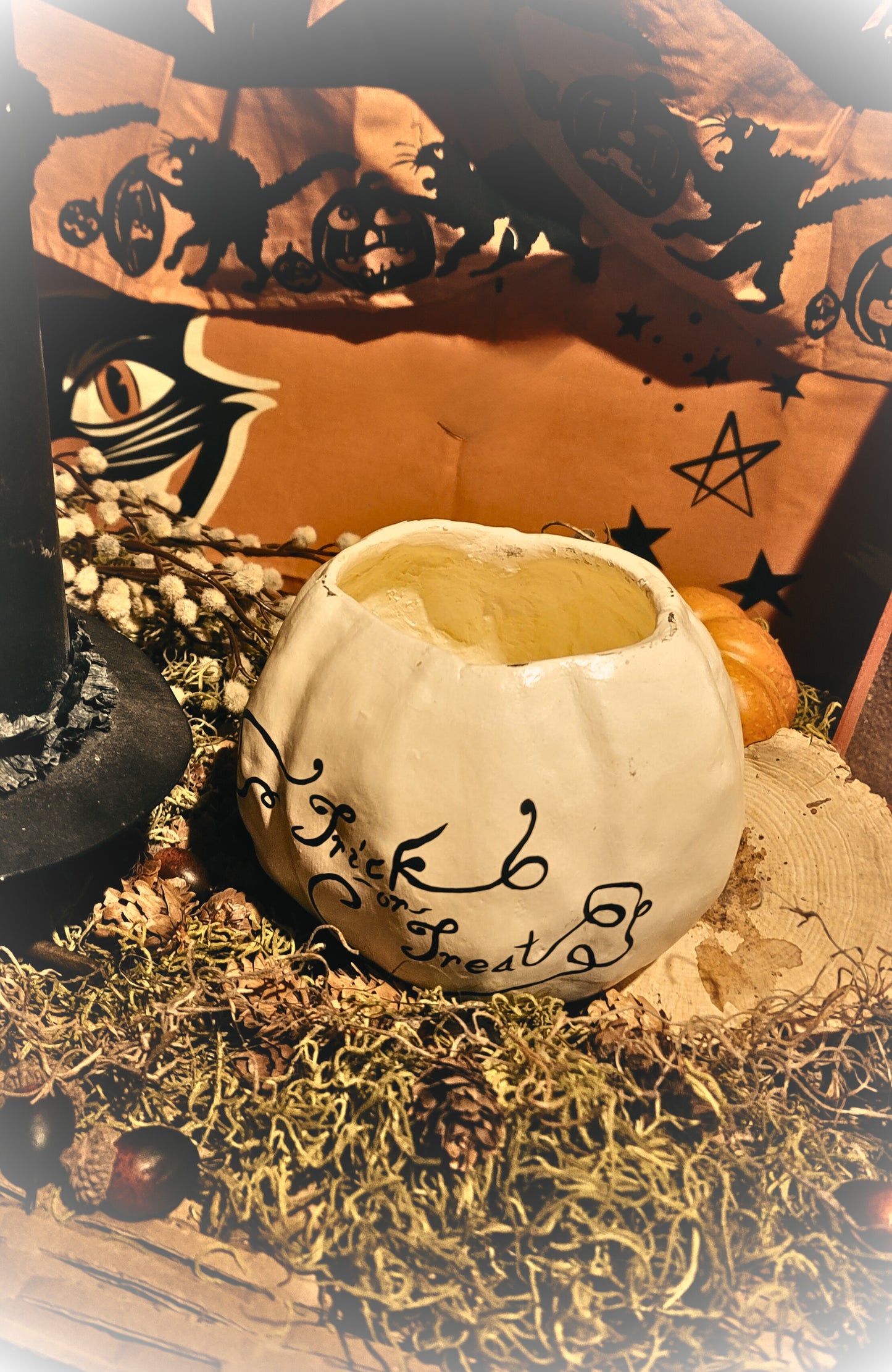 Vintage Halloween Style Dee Foust Witch Pumpkin Candy Container with Black Cat