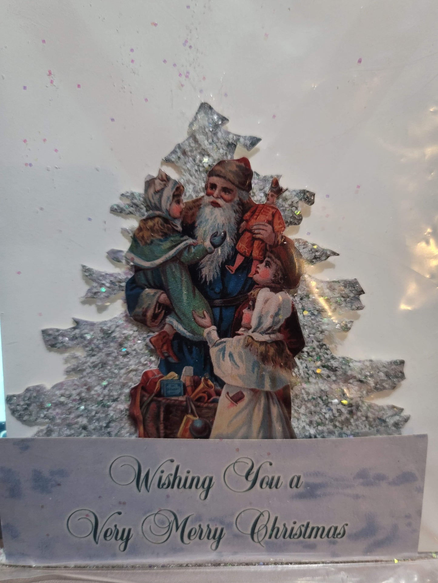 Vintage Victorian Christmas Santa with Glittered Tree Pop Up Standing Easel Card