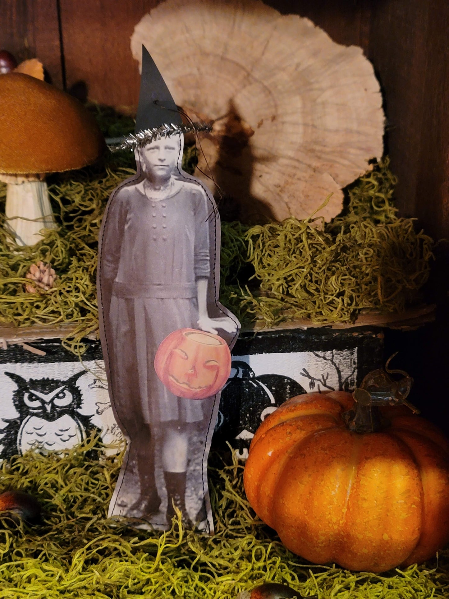Vintage Halloween Style primitive photo stuffed paper witch girl with pumpkin ornament