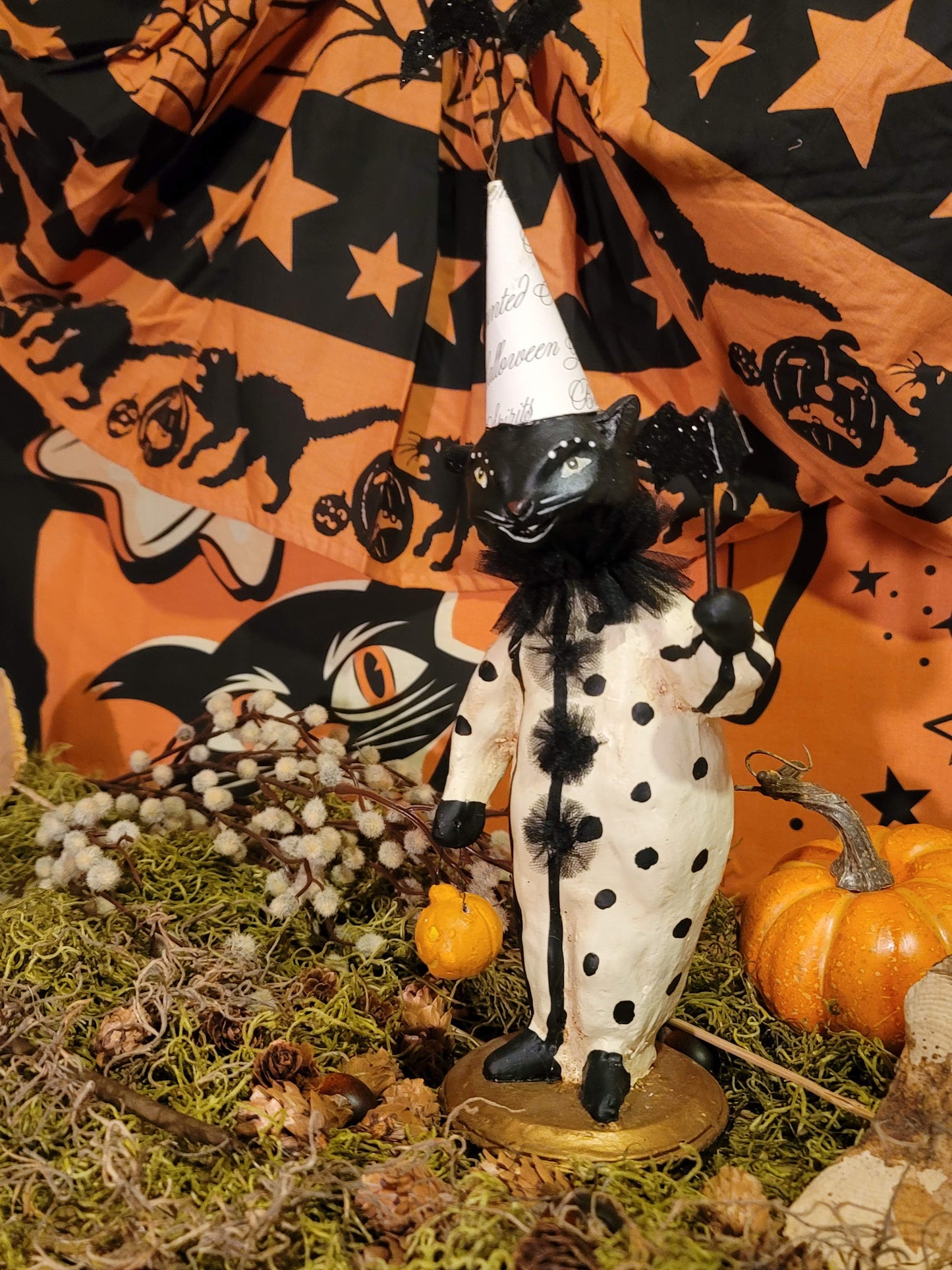 Vintage Halloween Batty Cat Clown Nicol Sayre Black Cat Witch Figurine