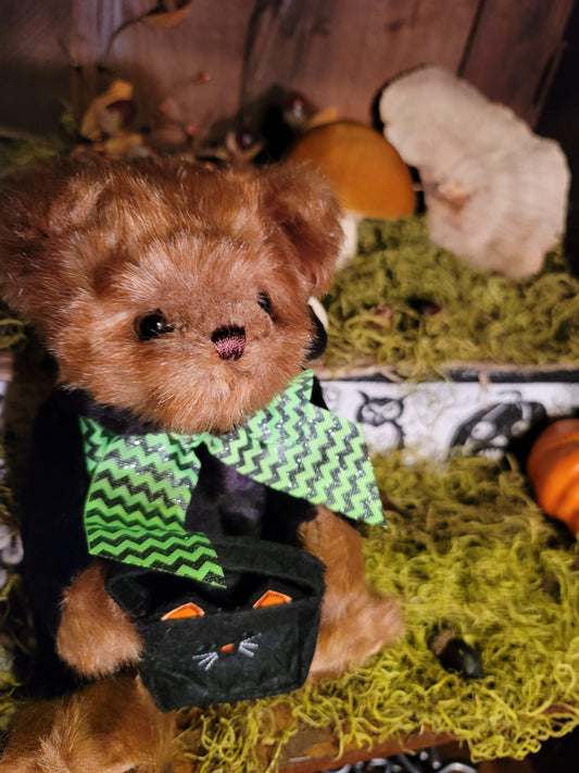 Vintage Halloween Style Plush Hooded Black Cat Trick or Treater Bear
