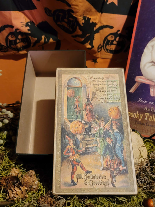 Vintage Halloween Style Postcard Glittered Witch Jesters Artist Box