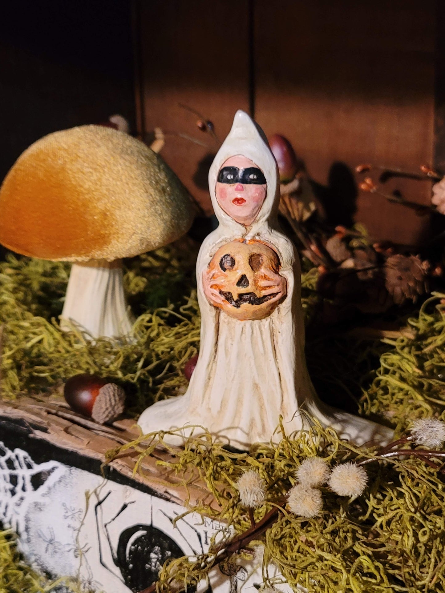 Vintage Halloween Silver Willow Ghost Trick or Treater holding Pumpkin Figurine