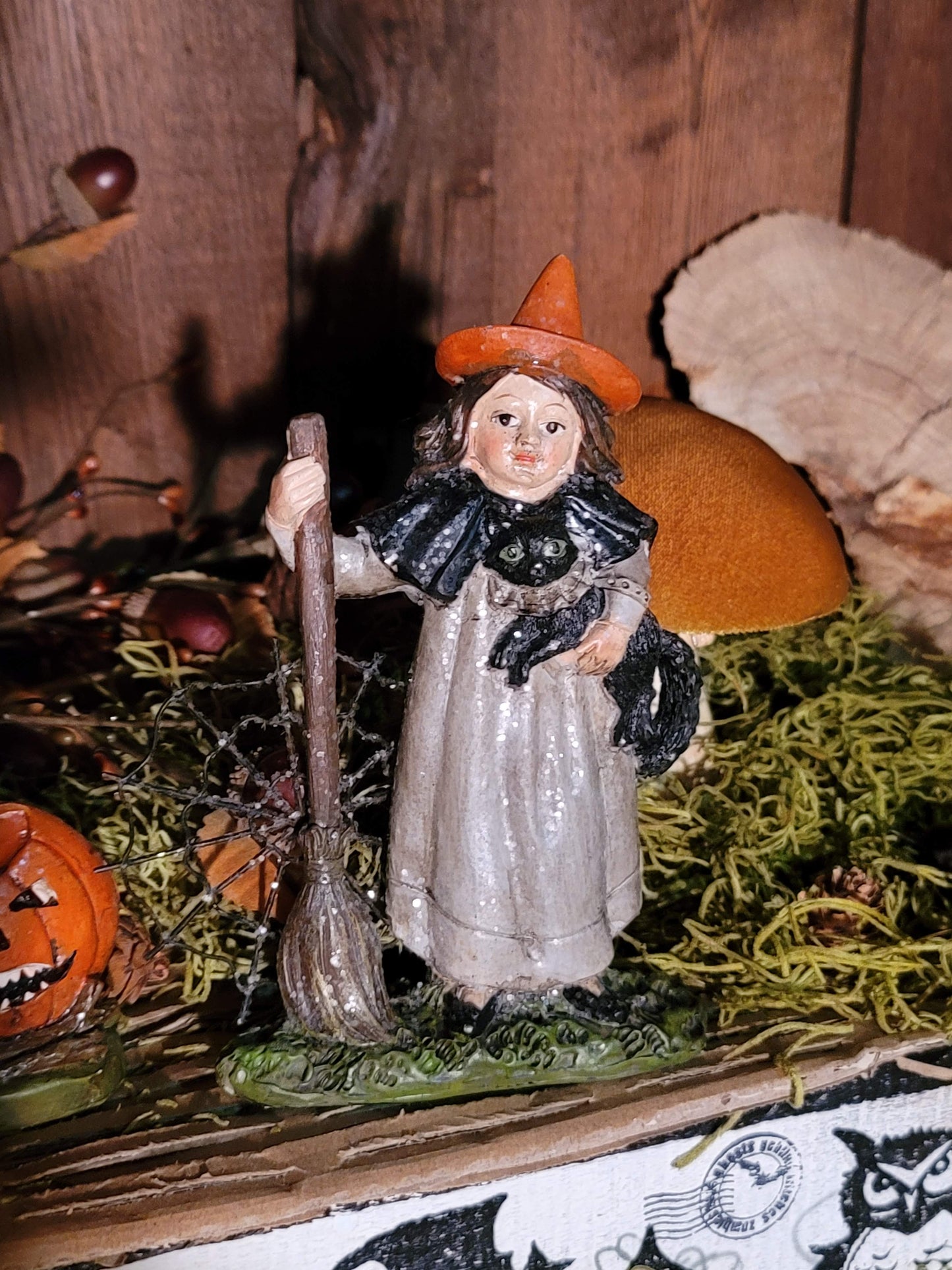 Vintage Halloween Style Witch Boy and Girl with Black Cat Figurines Set