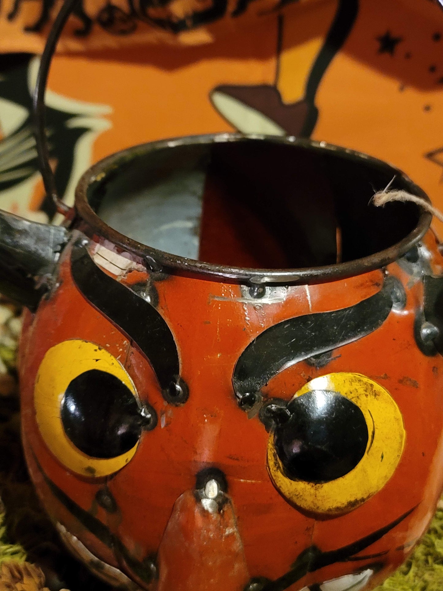 Vintage Halloween Style Metal Devil Head Candy Bucket Container