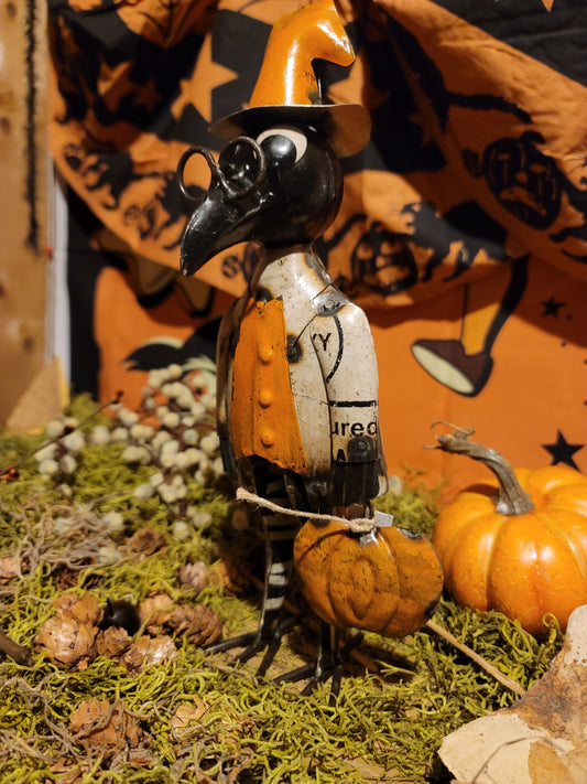 Vintage Halloween Style Whimsical Raven Crow Witch with Pumpkin Figurine