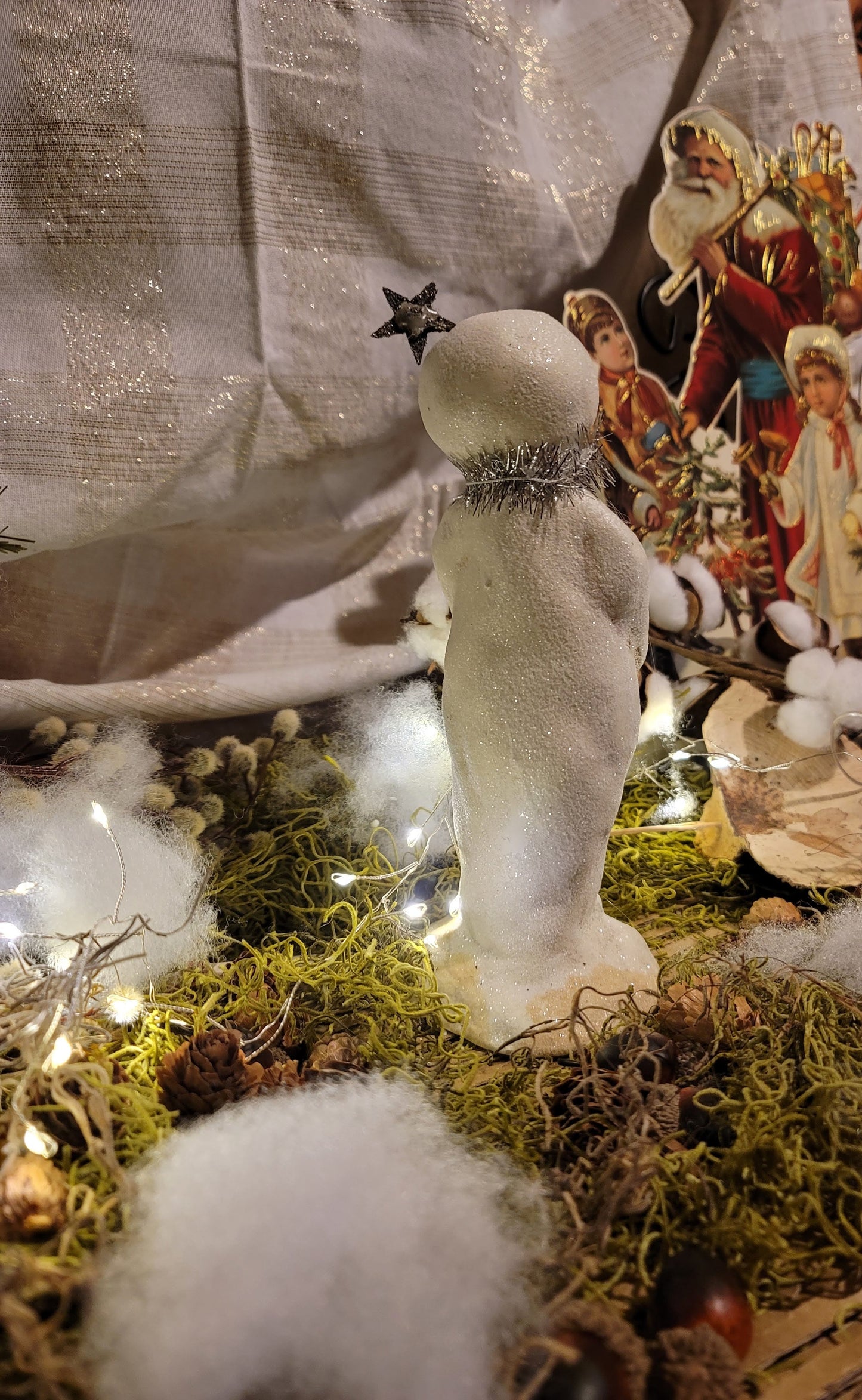 Vintage Christmas Style Folk Art Fancy Forest Glittered Star Snowman Dee Foust Harvey