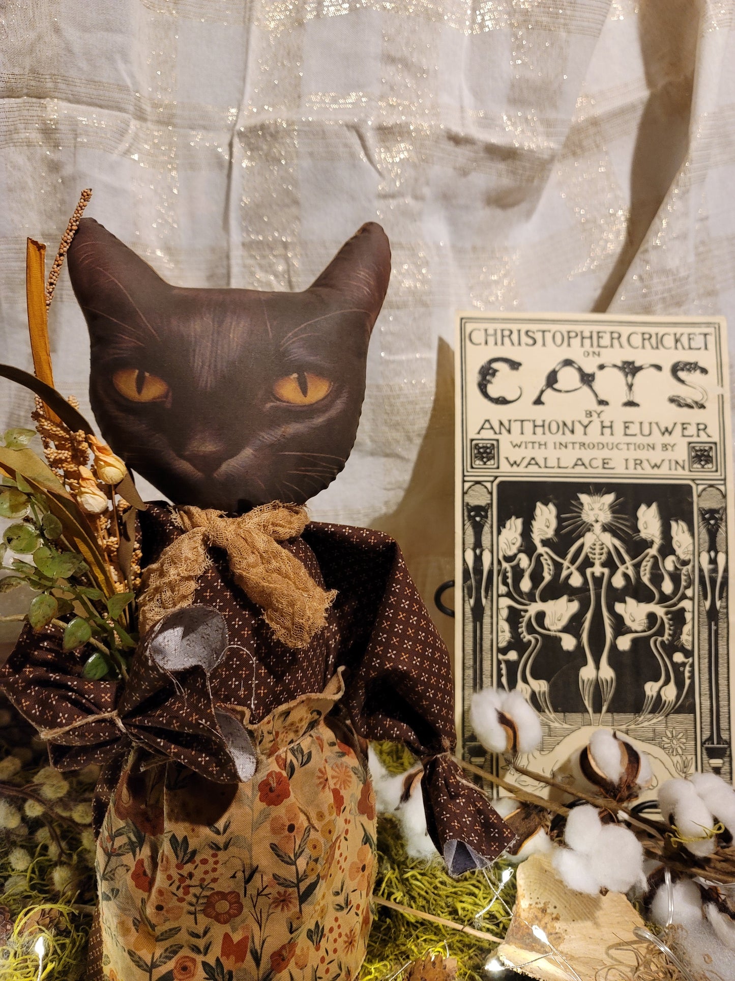 Primitive Style Stuffed Black Cat with Dried Flowers and Floral Apron