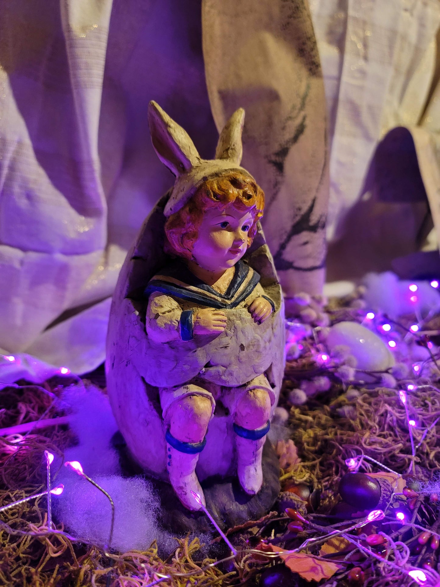 Vintage Victorian Postcard Style Bunny Boy in Easter Egg Figurine