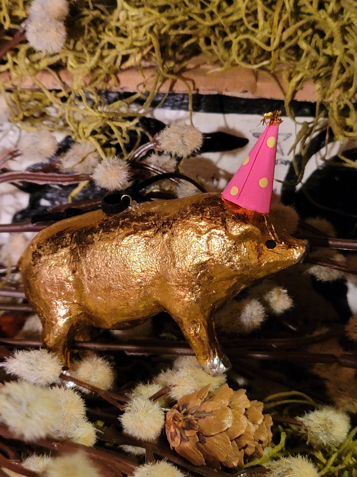 Whimsy Circus Golden Party Pig with Hat Ornament