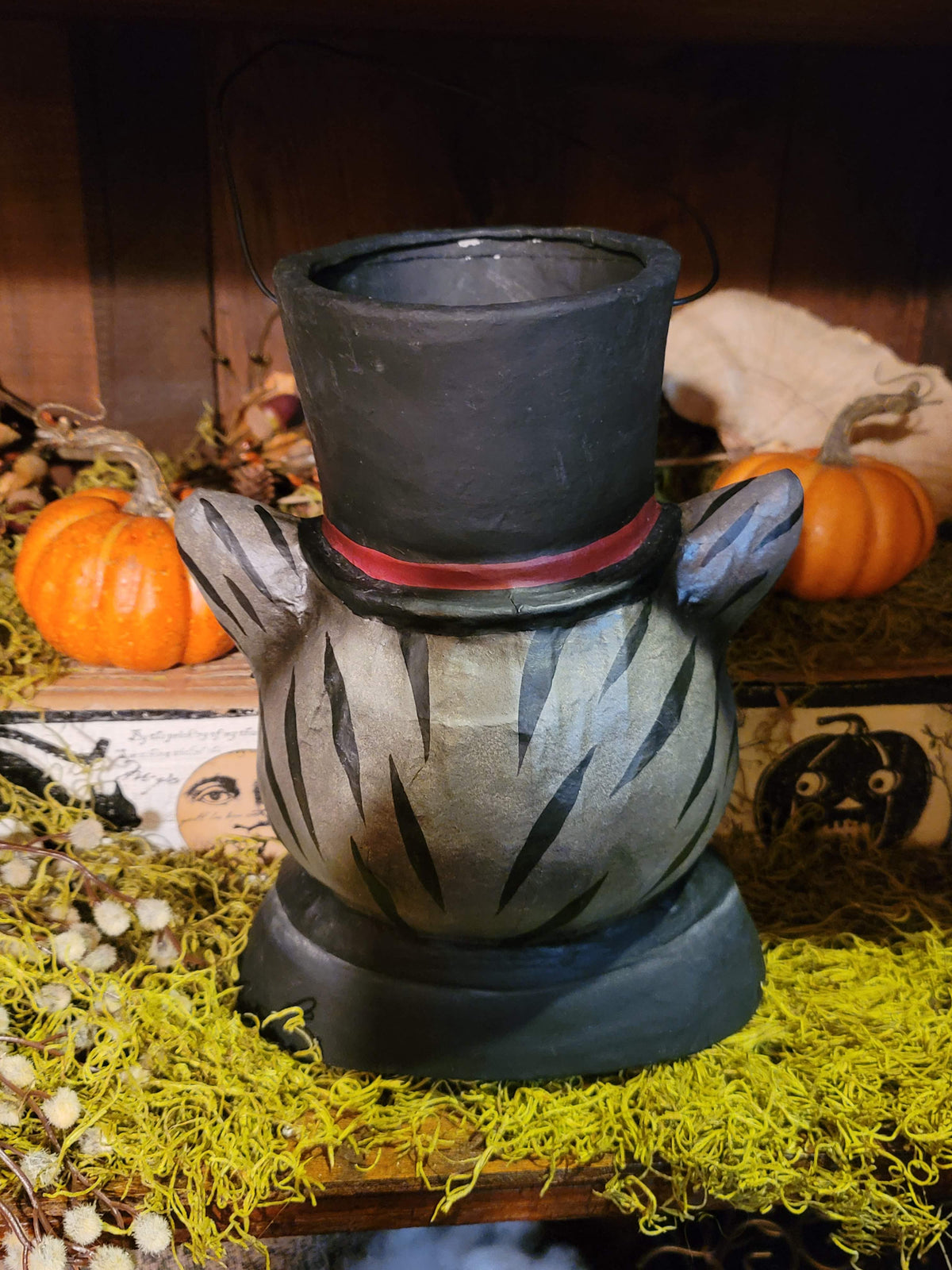 Victorian Halloween Dapper Cat Bust Bucket with Top Hat & Spectacles