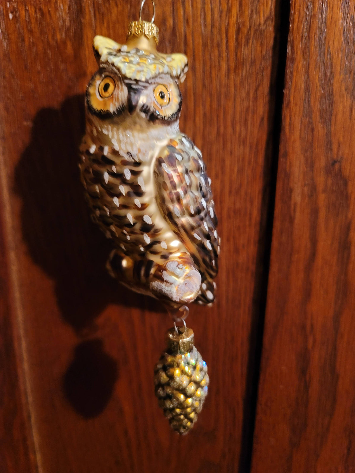 Halloween Dickenthorn Owl with Dangling Pinecone - Vintage Style Mercury Glass - Hand Painted