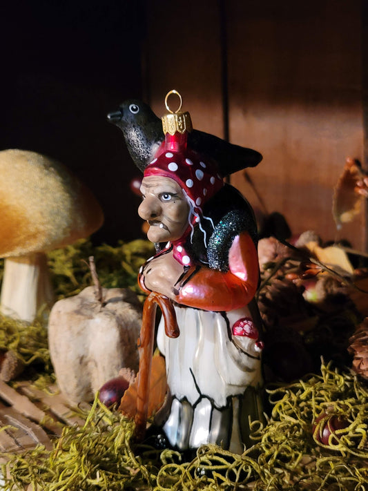Vintage Halloween Style Fairytale Witch with Varnmerlan the Raven Hand Blown in Poland