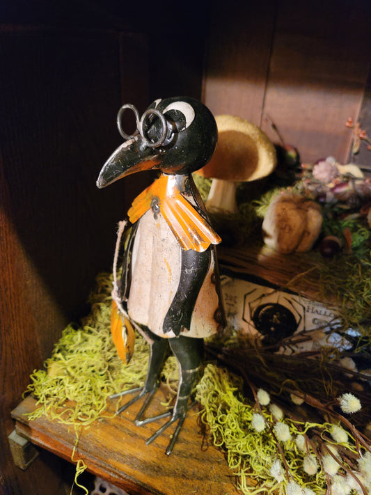 Vintage Halloween Style Folk Art Metal Crow with Pumpkin