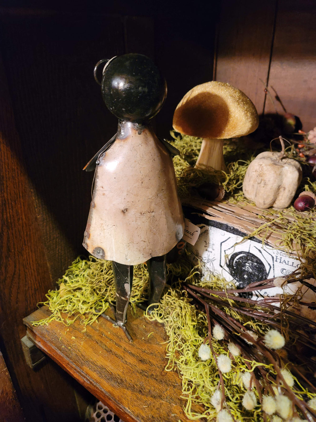 Vintage Halloween Style Folk Art Metal Crow with Pumpkin