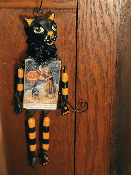 Vintage Halloween Style Leeann Kress Bethany Lowe Dangling Cat with Witch Ornament