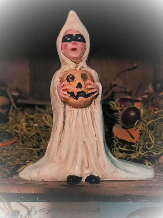Vintage Halloween Silver Willow Ghost Trick or Treater holding Pumpkin Figurine