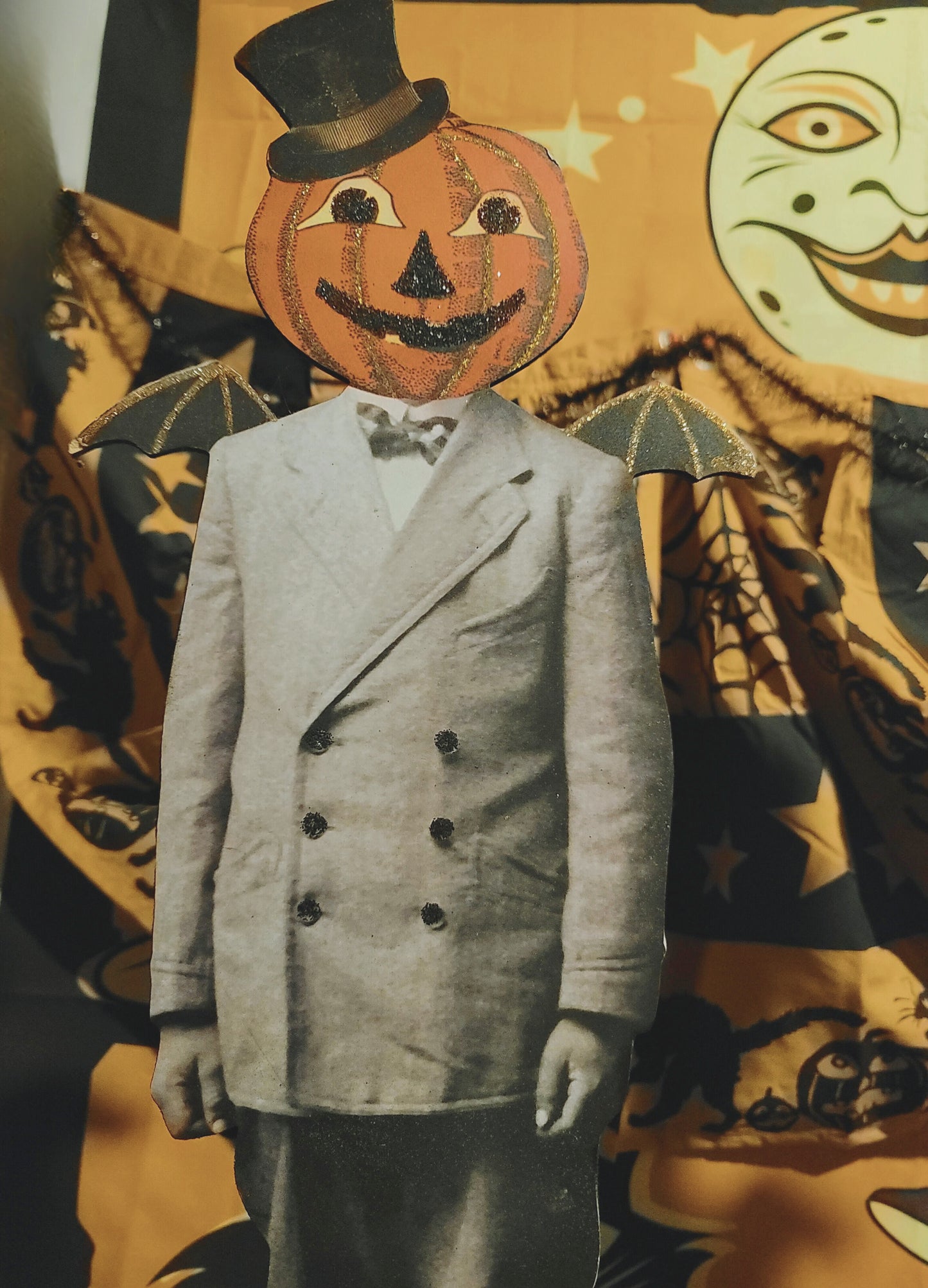 Vintage Halloween Style Goth Photo Skeleton and Pumpkin Dummy Board Figurines Set