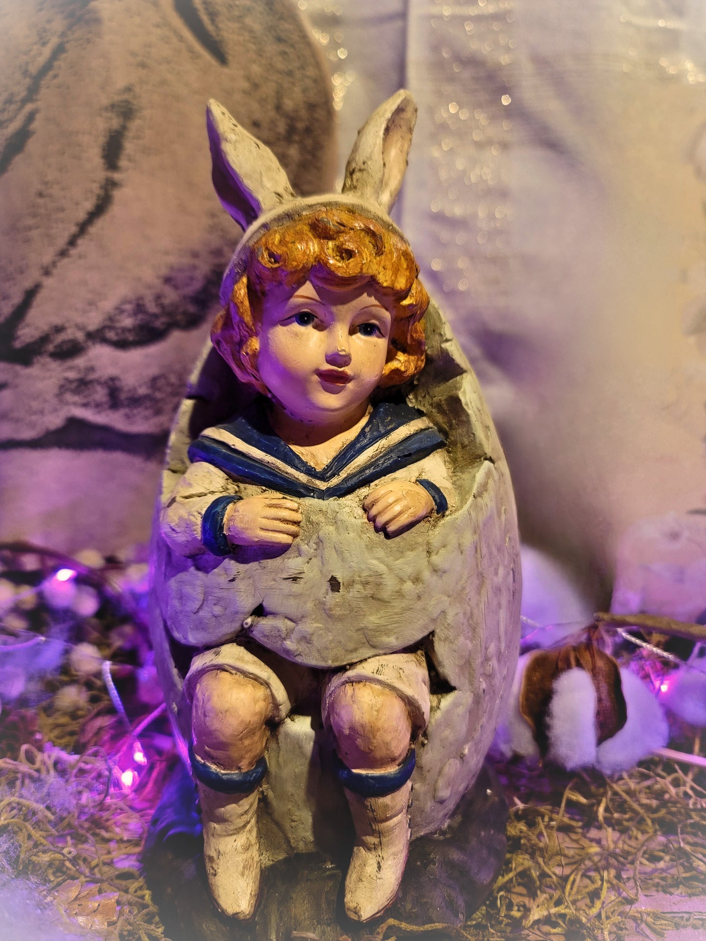 Vintage Victorian Postcard Style Bunny Boy in Easter Egg Figurine