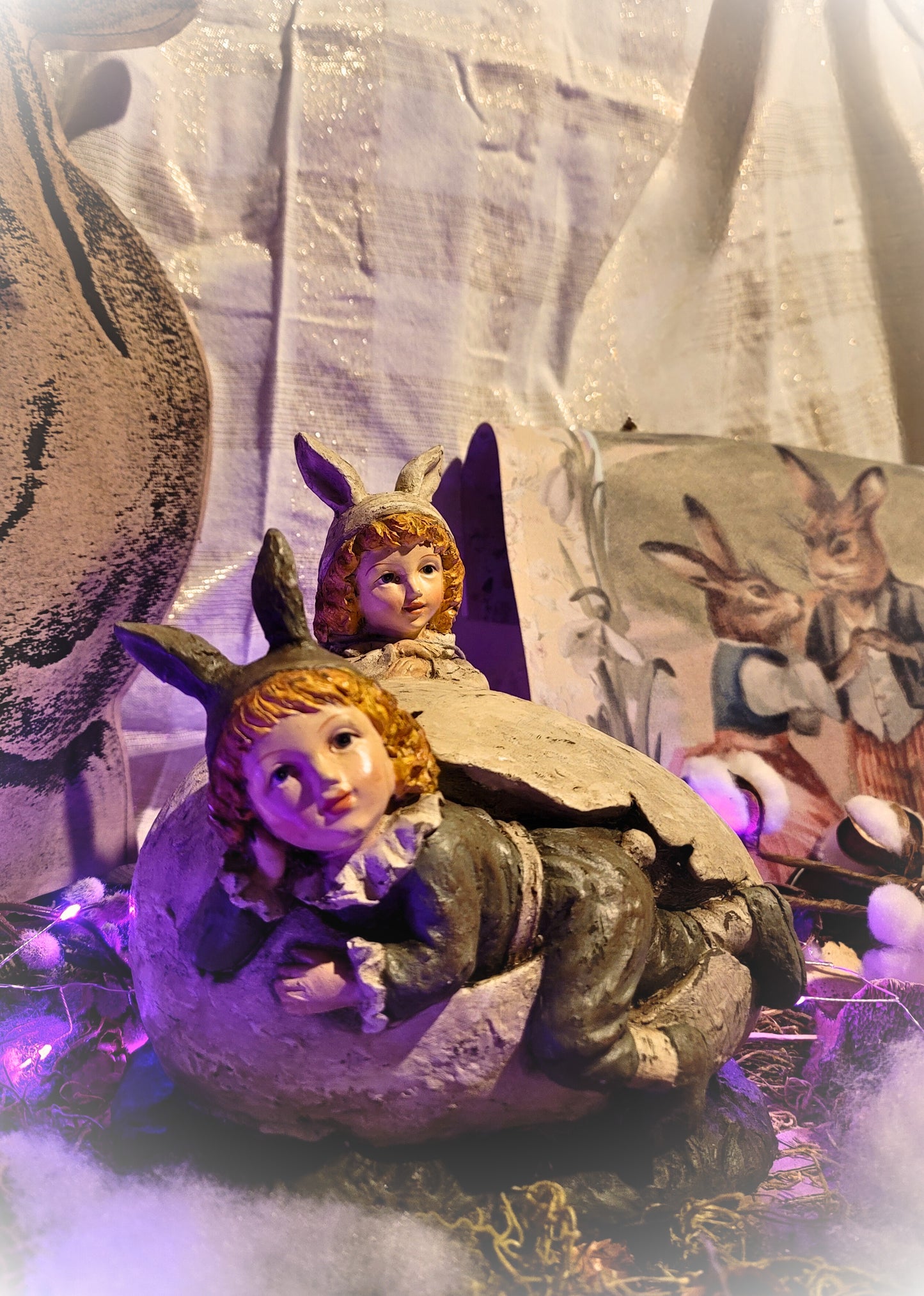 Vintage Victorian Easter Postcard Photo Boy and Girl In Egg Figurine