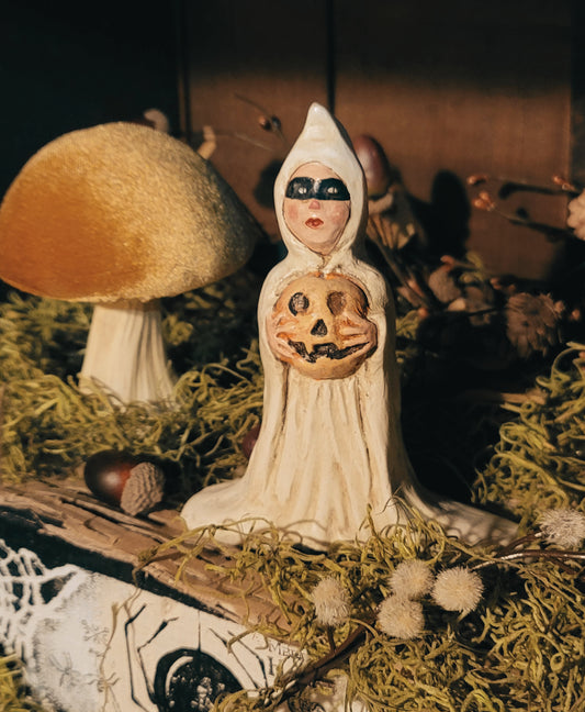 Vintage Halloween Silver Willow Ghost Trick or Treater holding Pumpkin Figurine