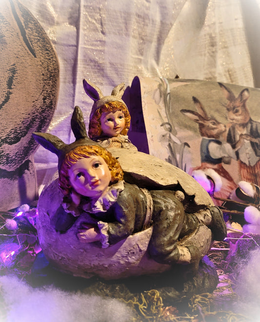 Vintage Victorian Easter Postcard Photo Boy and Girl In Egg Figurine
