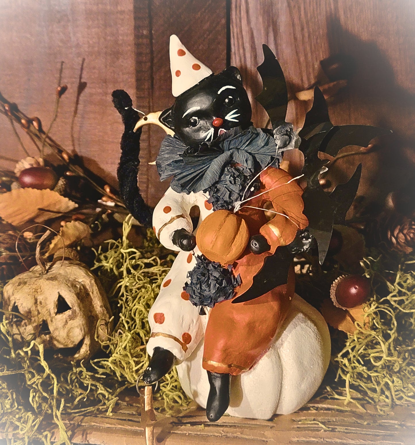 Vintage Halloween Style Dee Harvey Foust Black Cat Witch Clown on Pumpkin Figurine