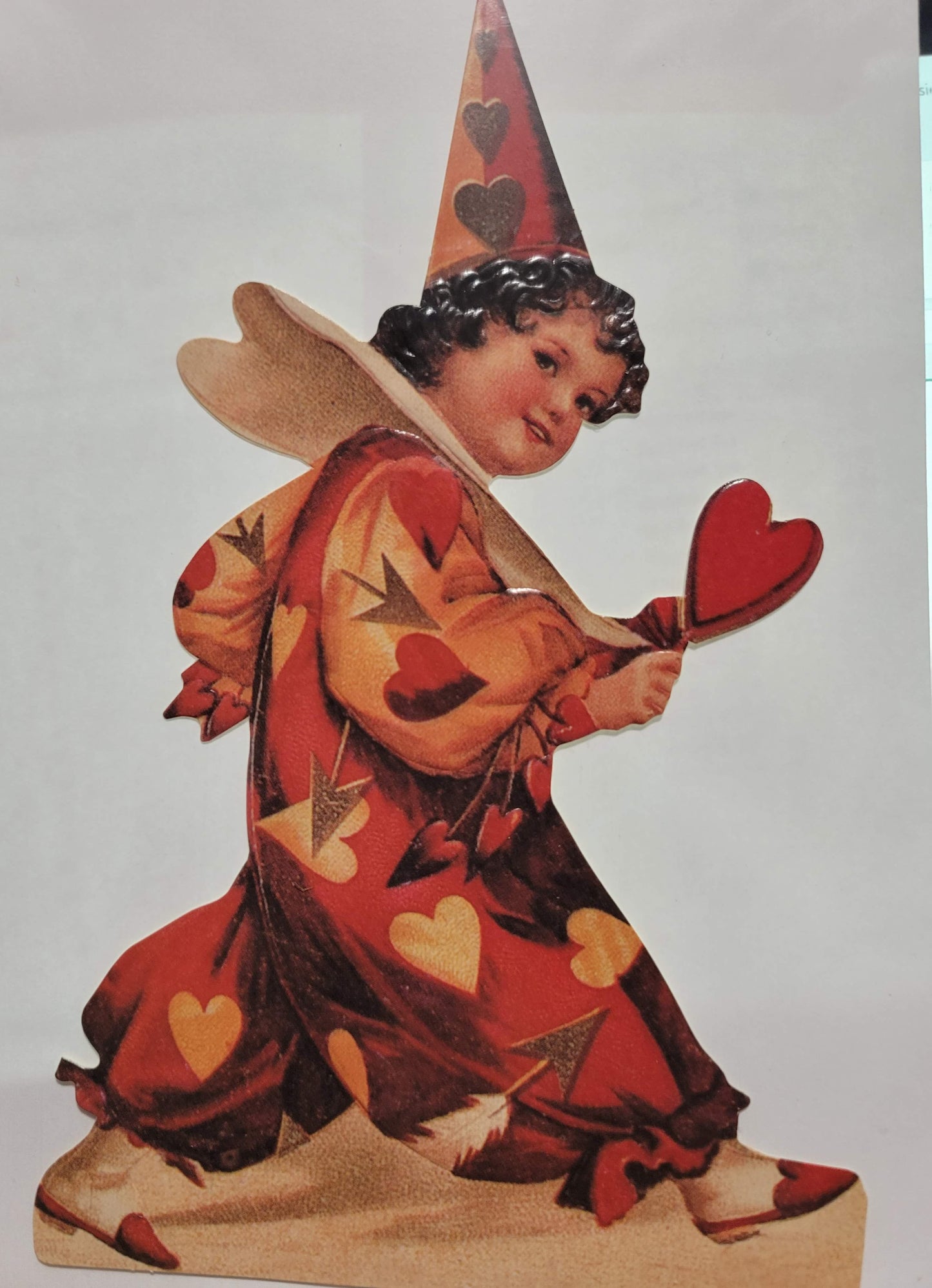 Vintage Victorian Style Cupid Clown Valentine Easel Card Holding Heart