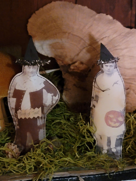 Vintage witch style Set of 2 Halloween girl with pumpkin and boy Trick or Treat photo pillow ornaments