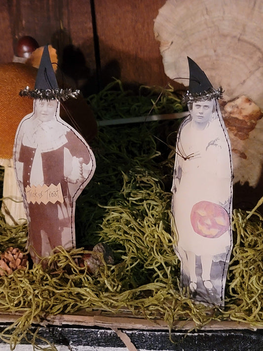 Vintage witch style Set of 2 Halloween girl with pumpkin and boy Trick or Treat photo pillow ornaments