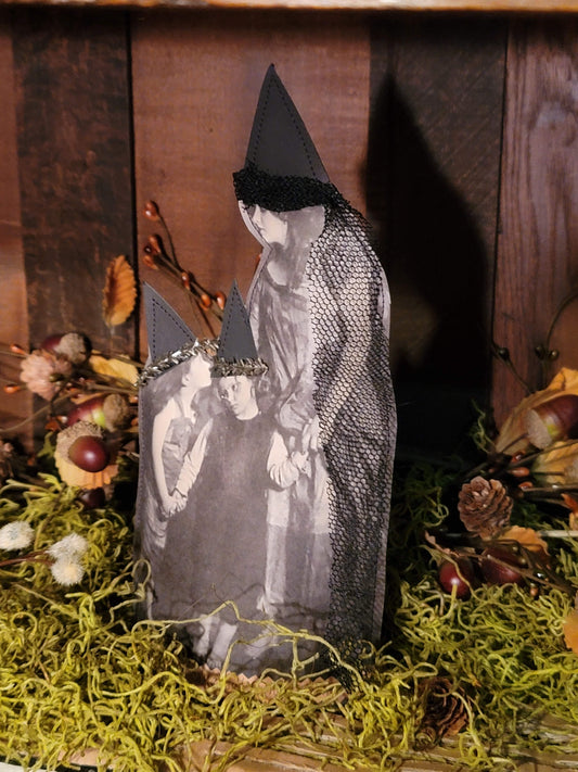 Vintage Style Halloween Mother witch and children standing 3D paper photo decoration.