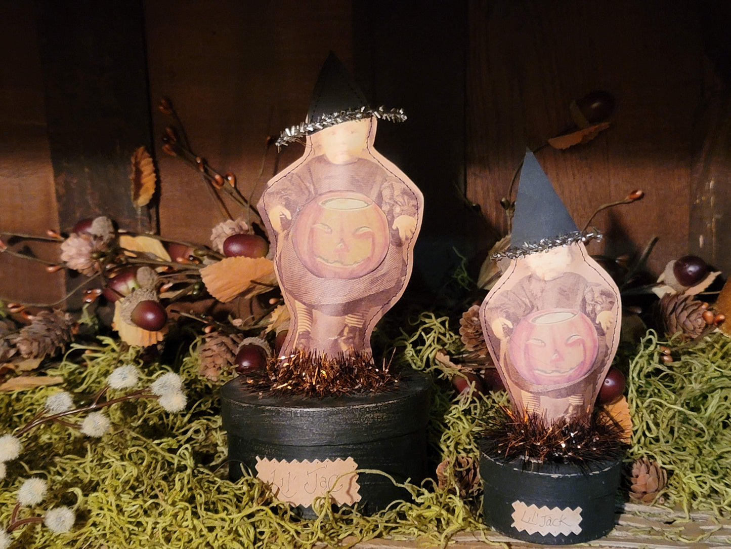 Vintage Halloween style witch lil jack boy  set witch photo on box container primitive witch