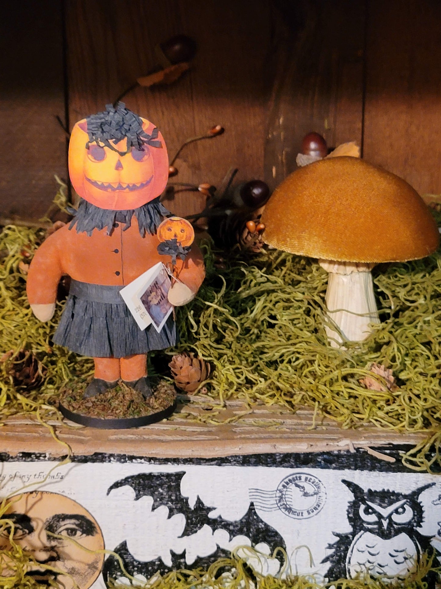 Vintage Halloween Style Artist made Pumpkin Girl with Wand
