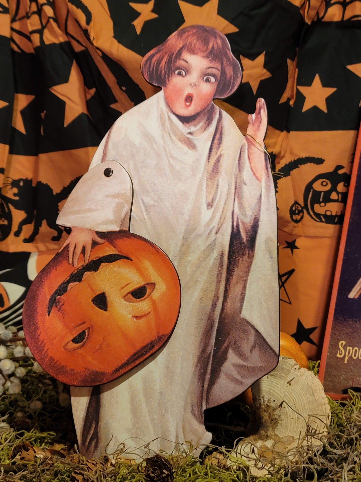 Vintage Halloween Style Clapsaddle Postcard BOO GIRL Easel Dummy Board with Mechanical Pumpkin Mask