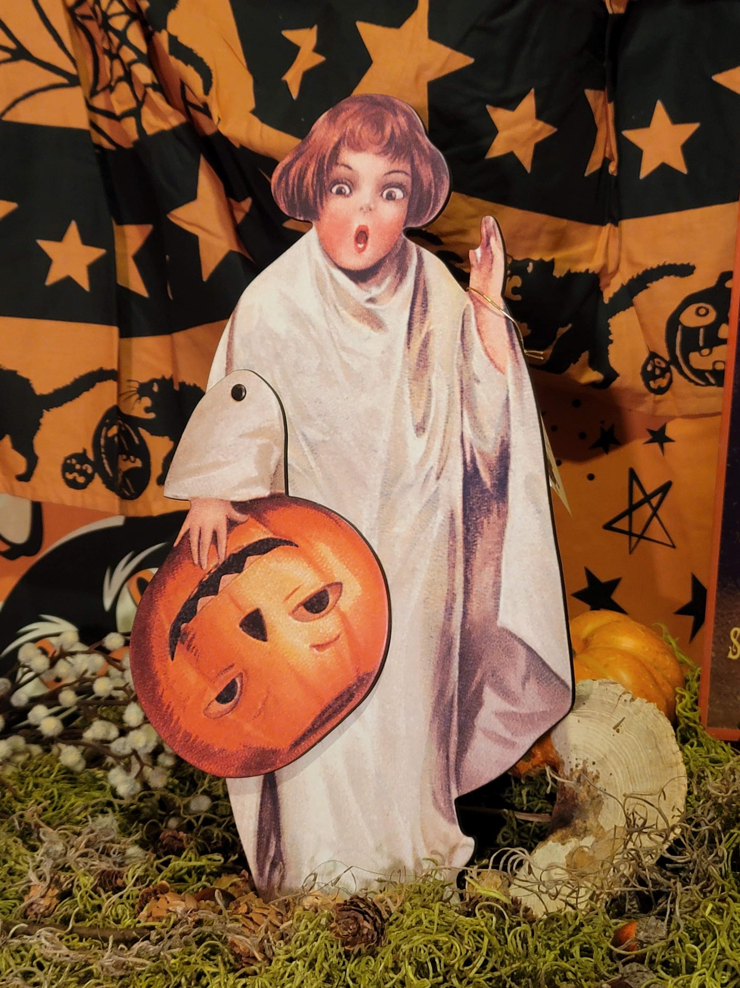 Vintage Halloween Style Clapsaddle Postcard BOO GIRL Easel Dummy Board with Mechanical Pumpkin Mask