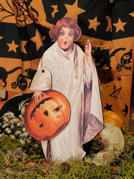 Vintage Halloween Style Clapsaddle Postcard BOO GIRL Easel Dummy Board with Mechanical Pumpkin Mask