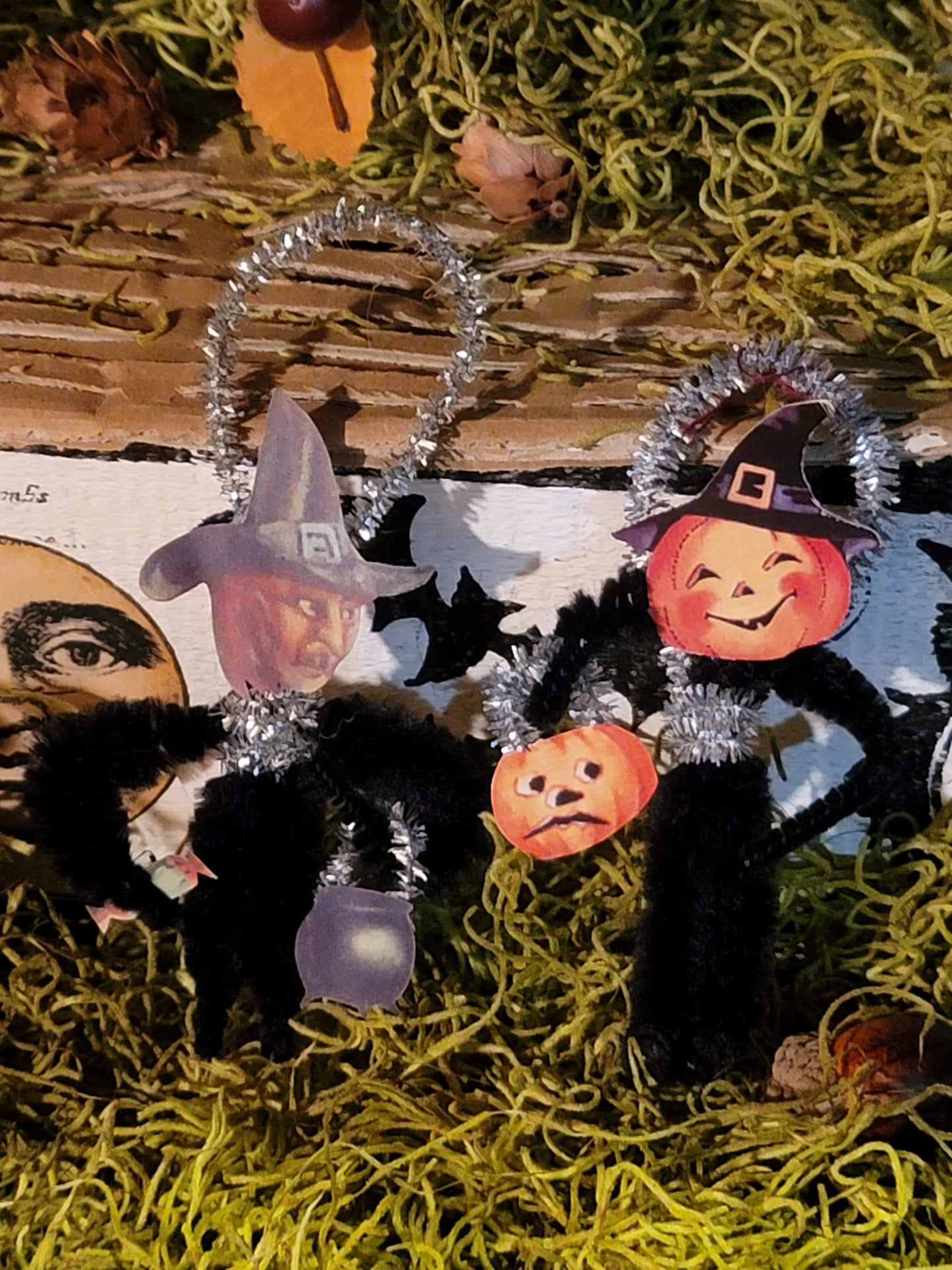 Vintage Halloween Style Witch and Pumpkin Jen Steffa Pipe Cleaner Ornaments Set