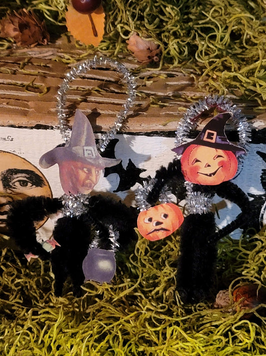 Vintage Halloween Style Witch and Pumpkin Jen Steffa Pipe Cleaner Ornaments Set