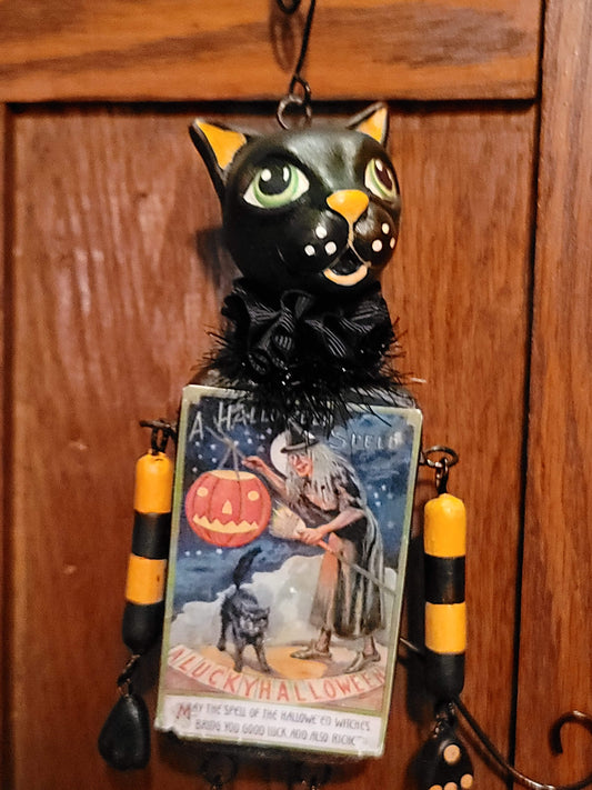 Vintage Halloween Style Leeann Kress Bethany Lowe Dangling Cat with Witch Ornament