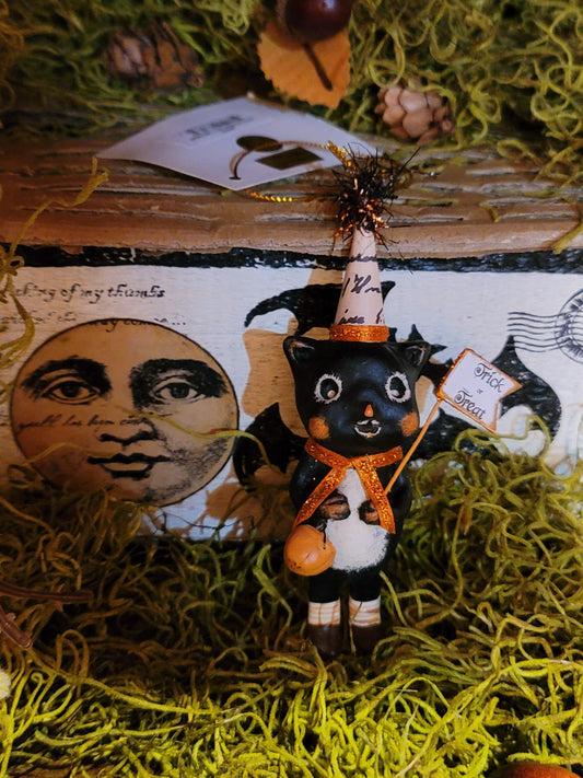 Vintage Halloween Style Bethany Lowe  Black Cat witch with Pumpkin Trick or Treat Flag Ornament