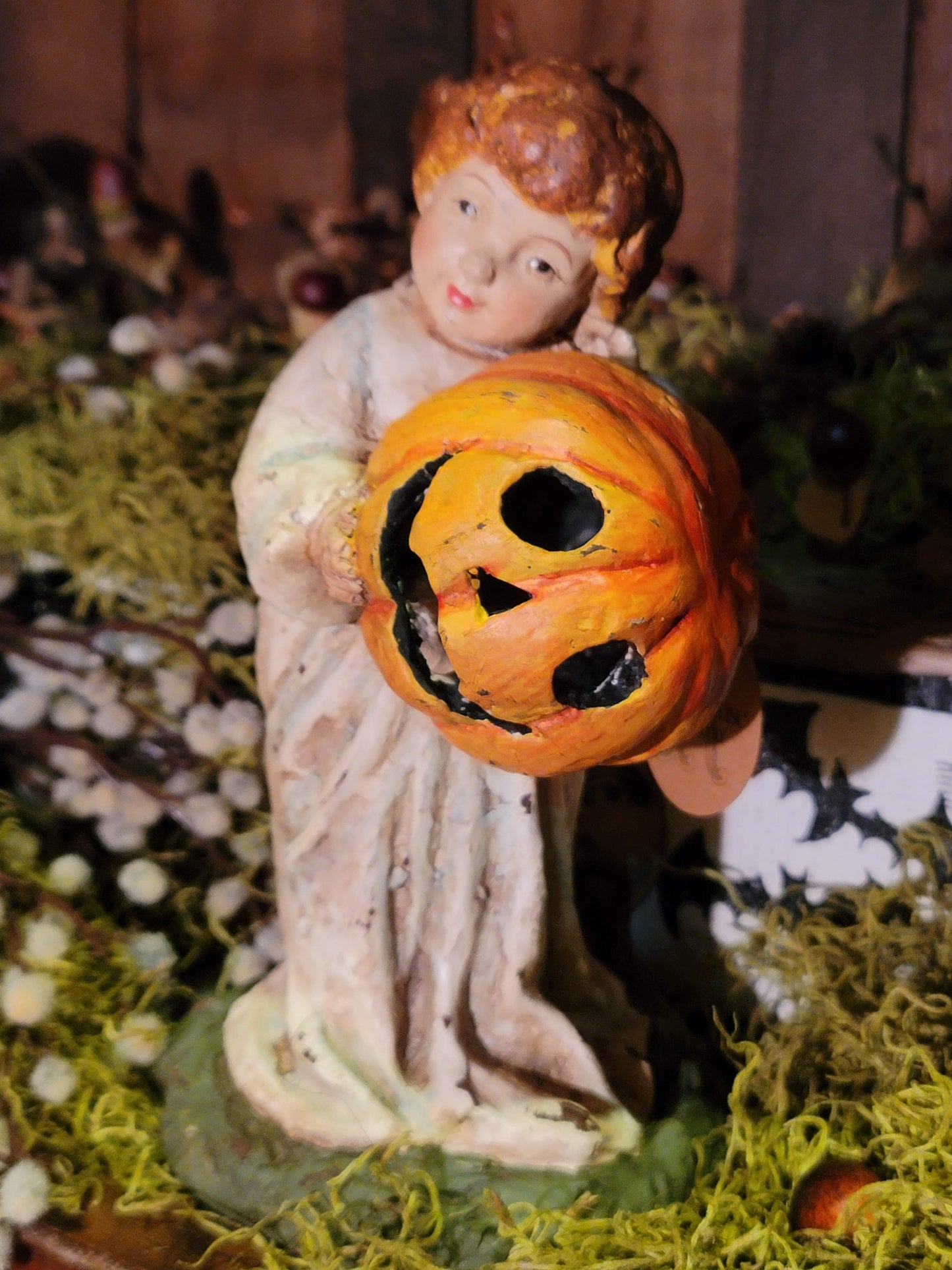 Vintage Halloween Postcard Style Ghost Holding Pumpkin Boy Figurine
