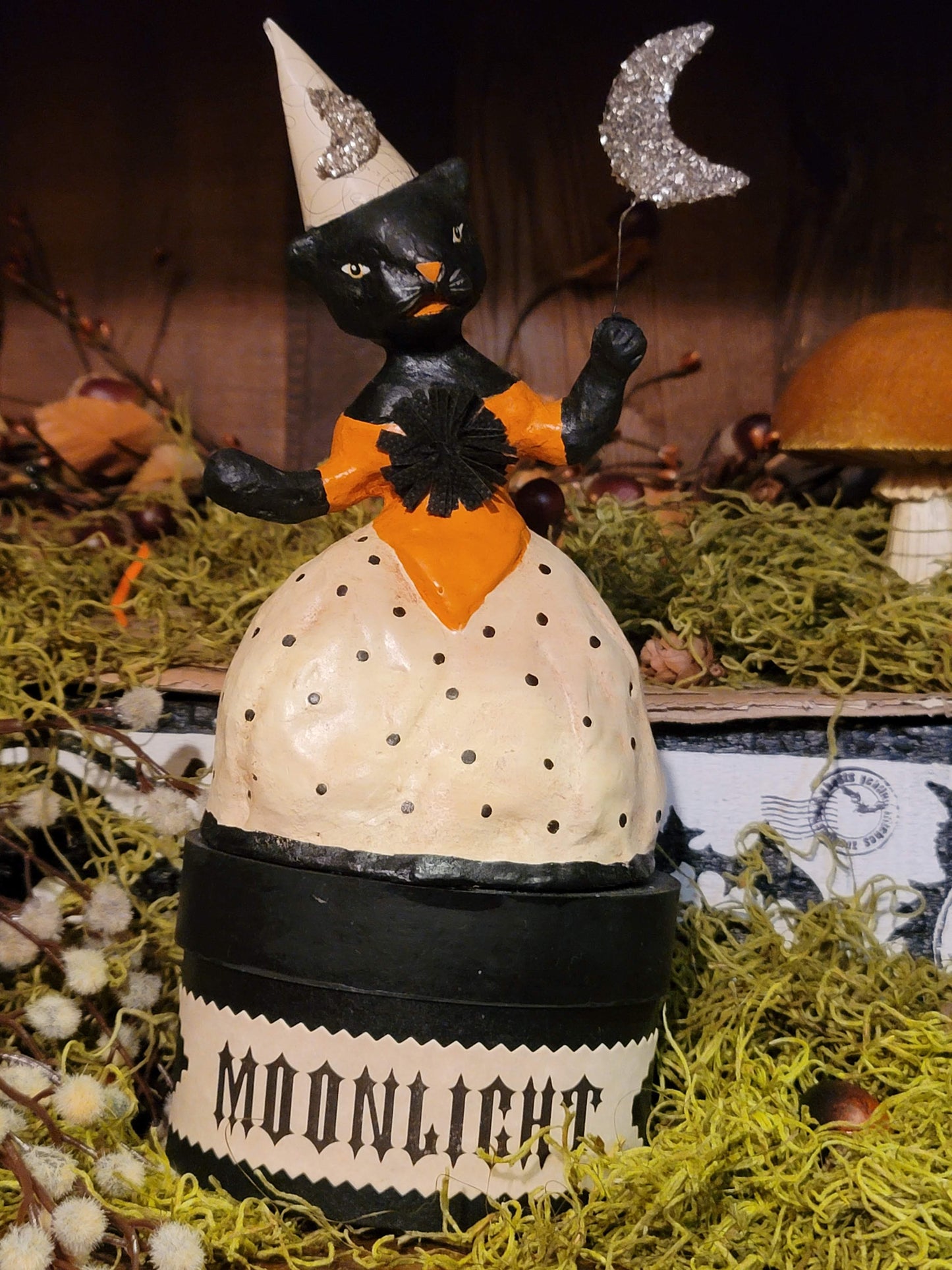 Vintage Halloween Style Nicol Sayre Black Cat Witch on Box Container Figurine