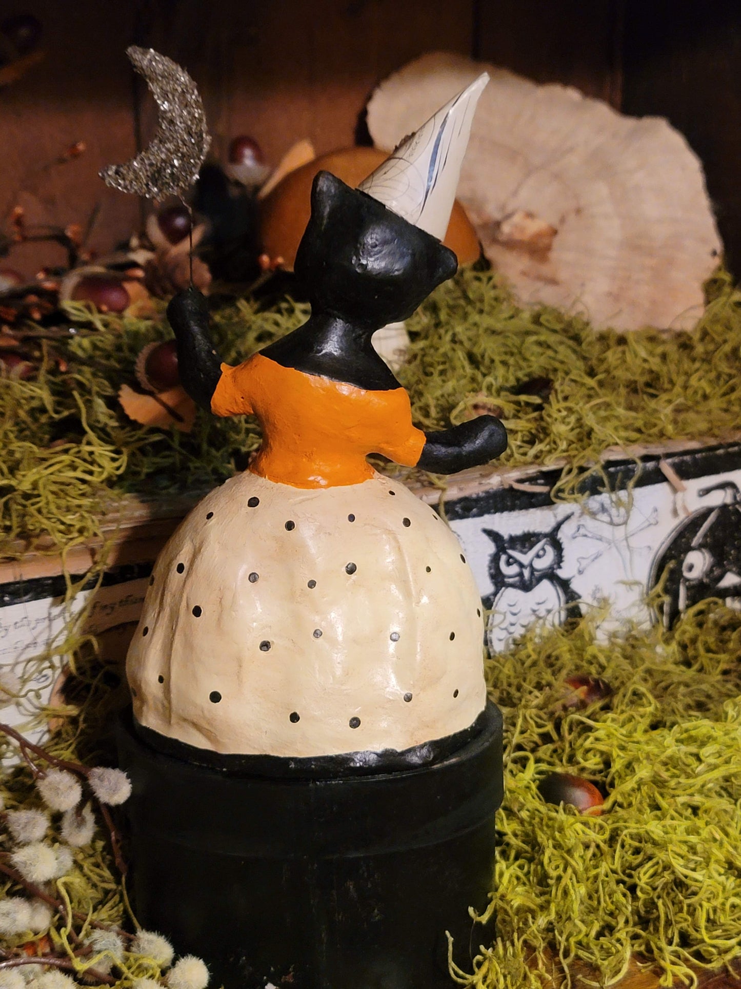 Vintage Halloween Style Nicol Sayre Black Cat Witch on Box Container Figurine