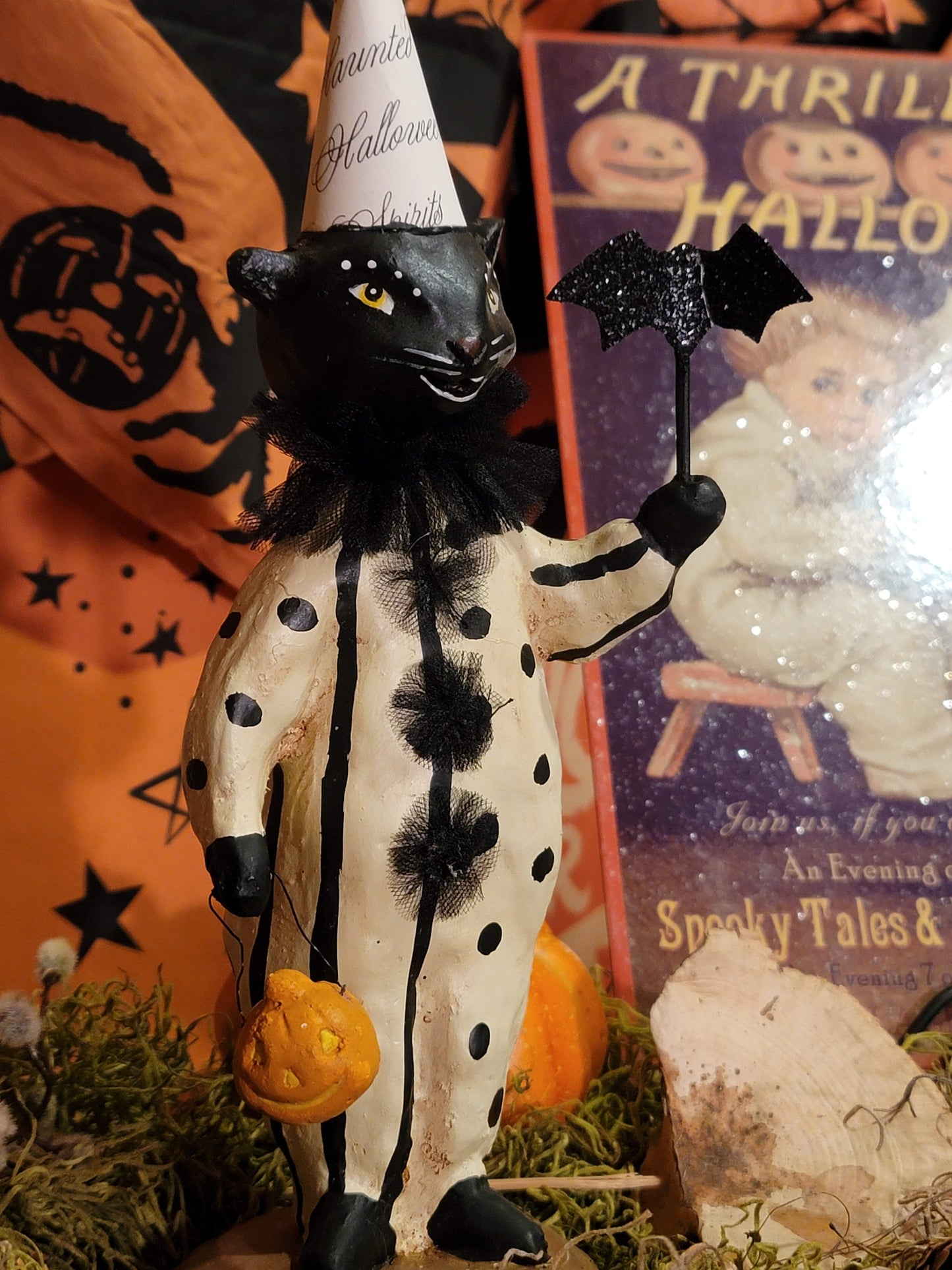 Vintage Halloween Batty Cat Clown Nicol Sayre Black Cat Witch Figurine