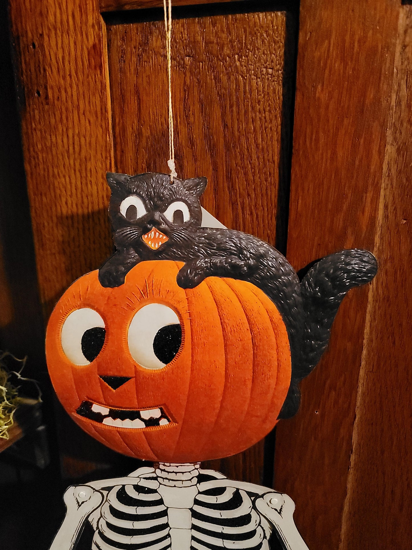 Vintage Halloween Style Hanging Paper Pumpkin Head Skeleton with German Cat