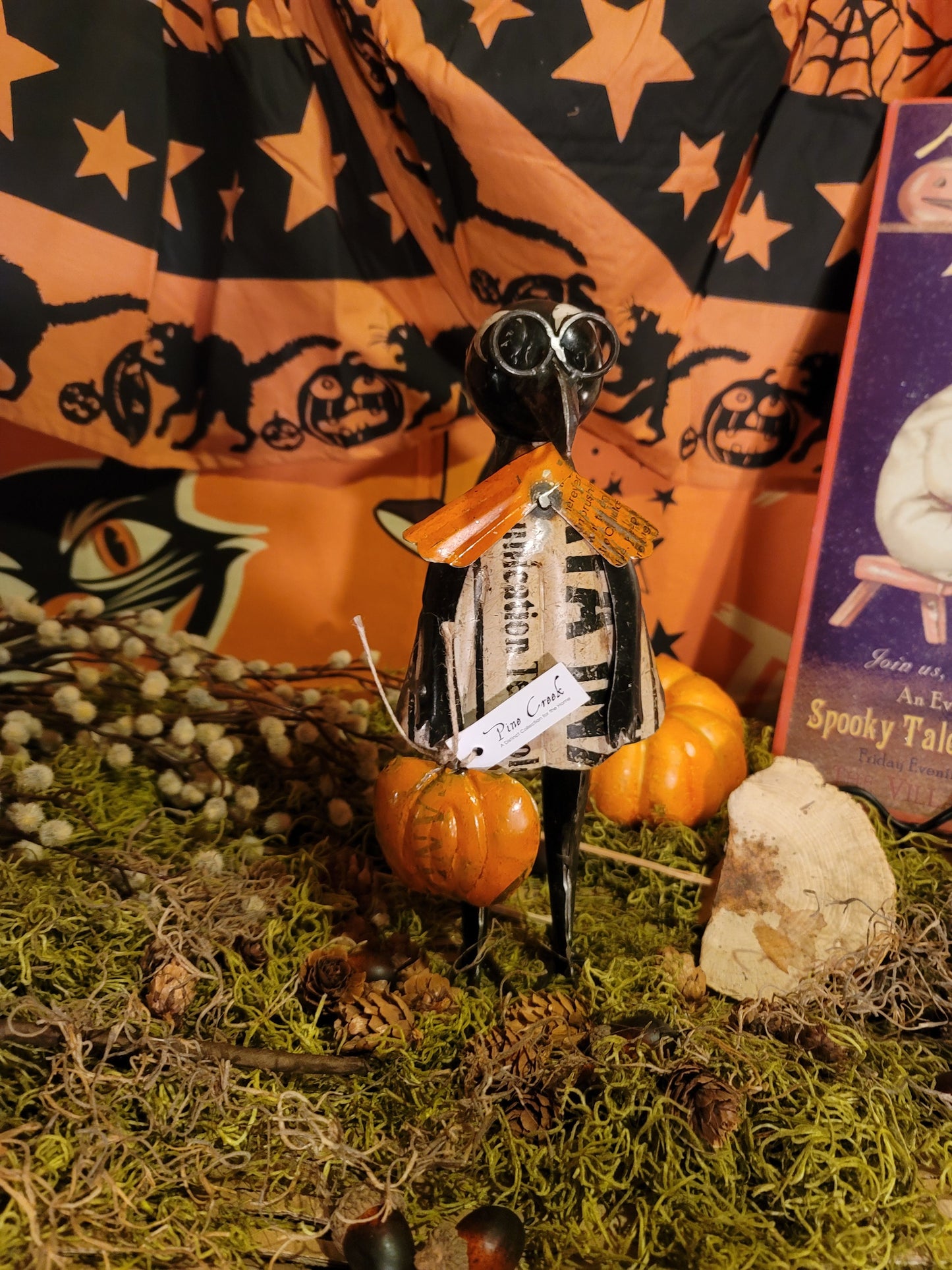 Vintage Halloween Style Folk Art Metal Crow with Pumpkin