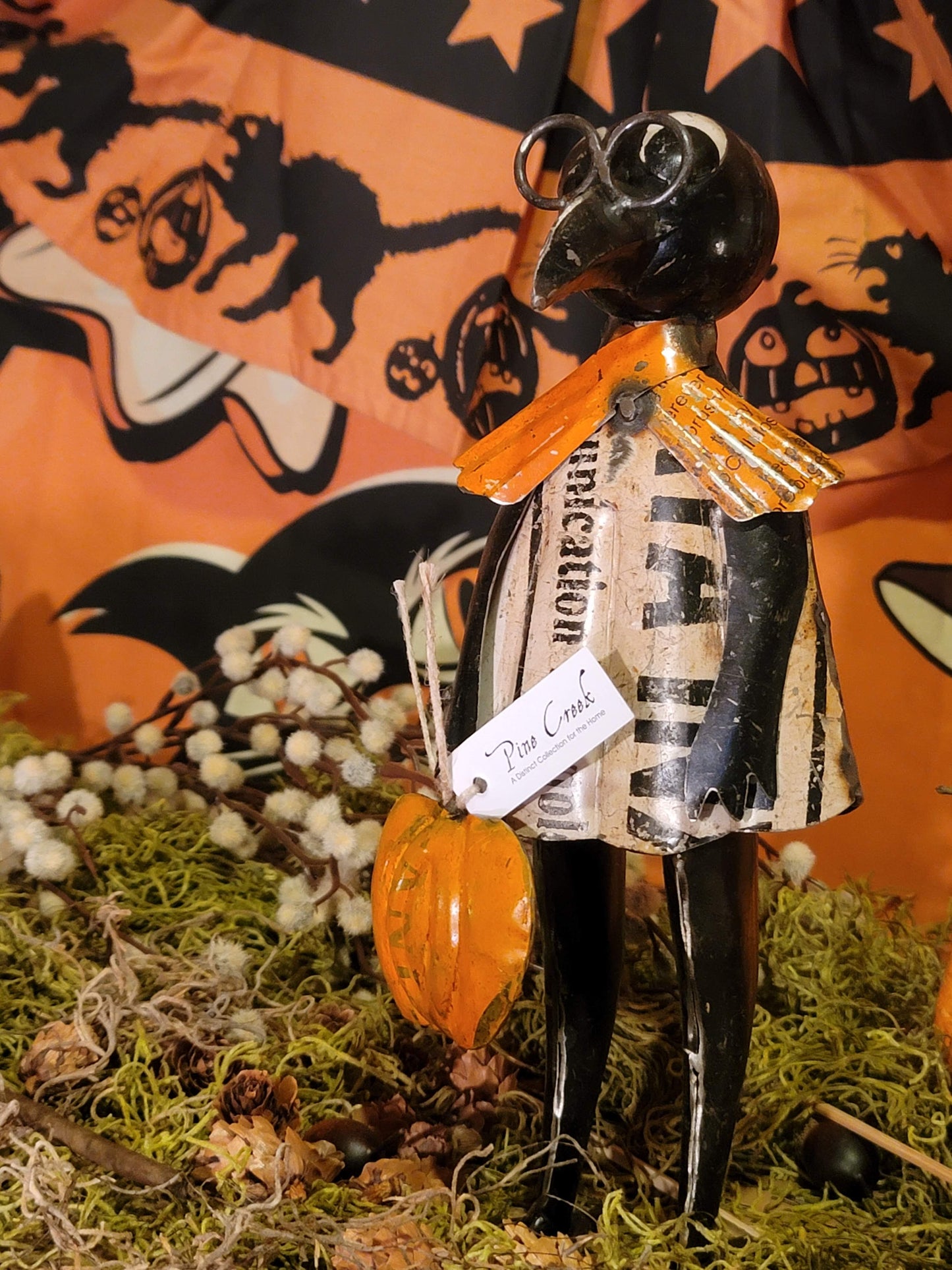 Vintage Halloween Style Folk Art Metal Crow with Pumpkin