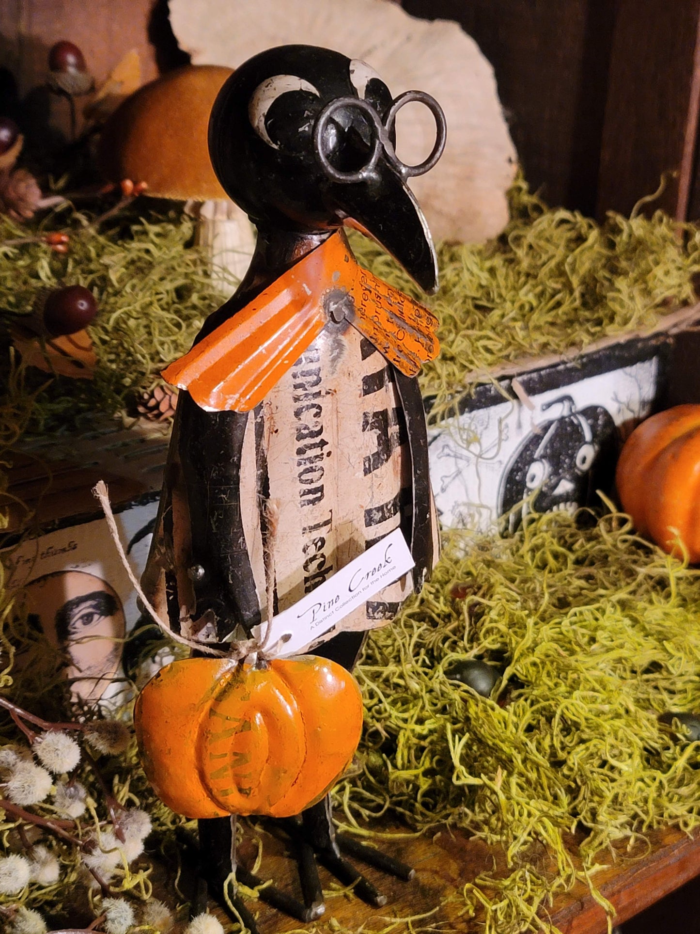 Vintage Halloween Style Folk Art Metal Crow with Pumpkin