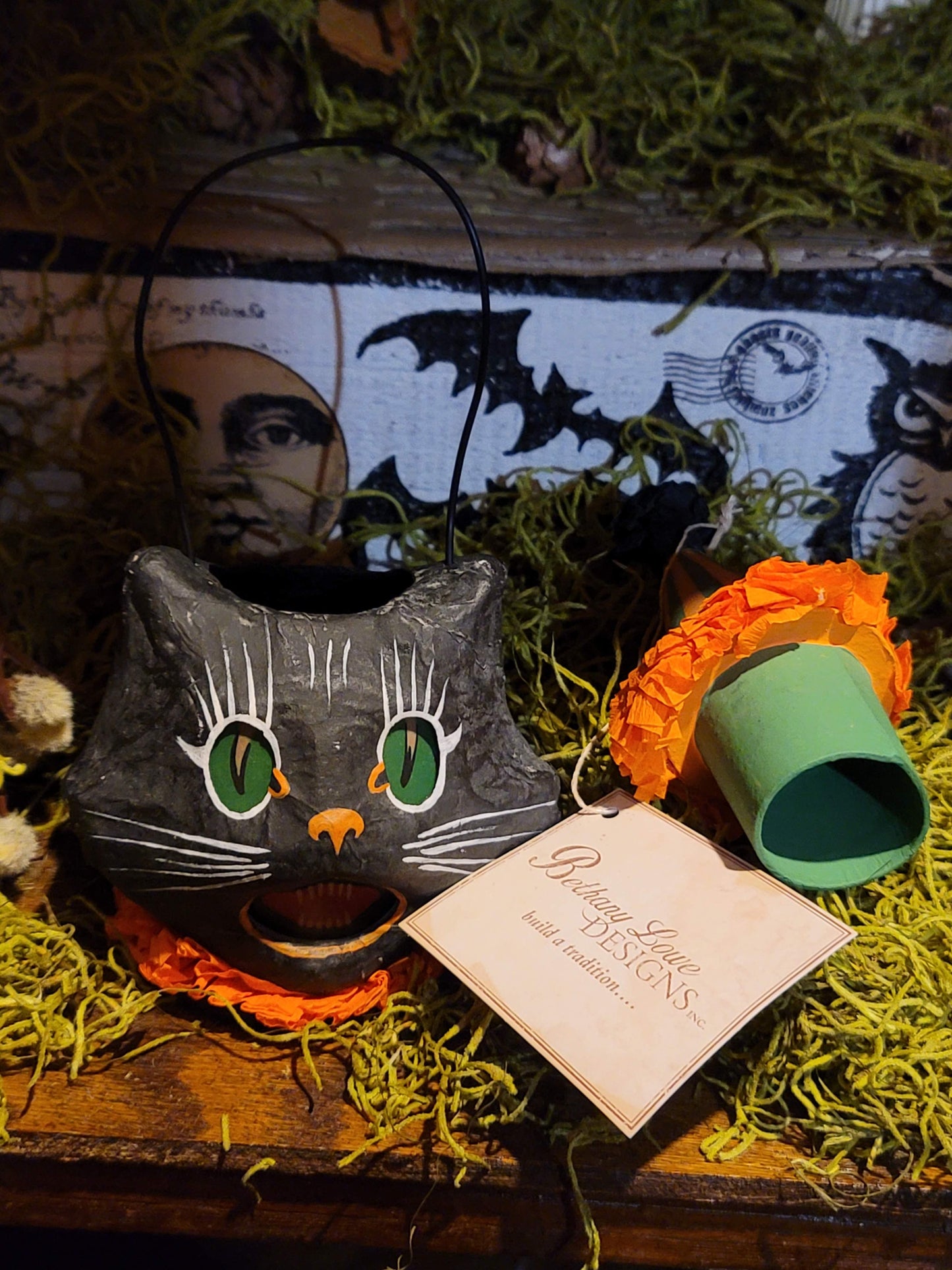 Vintage Halloween Style Bethany Lowe Black Cat Mini Bucket Ornament