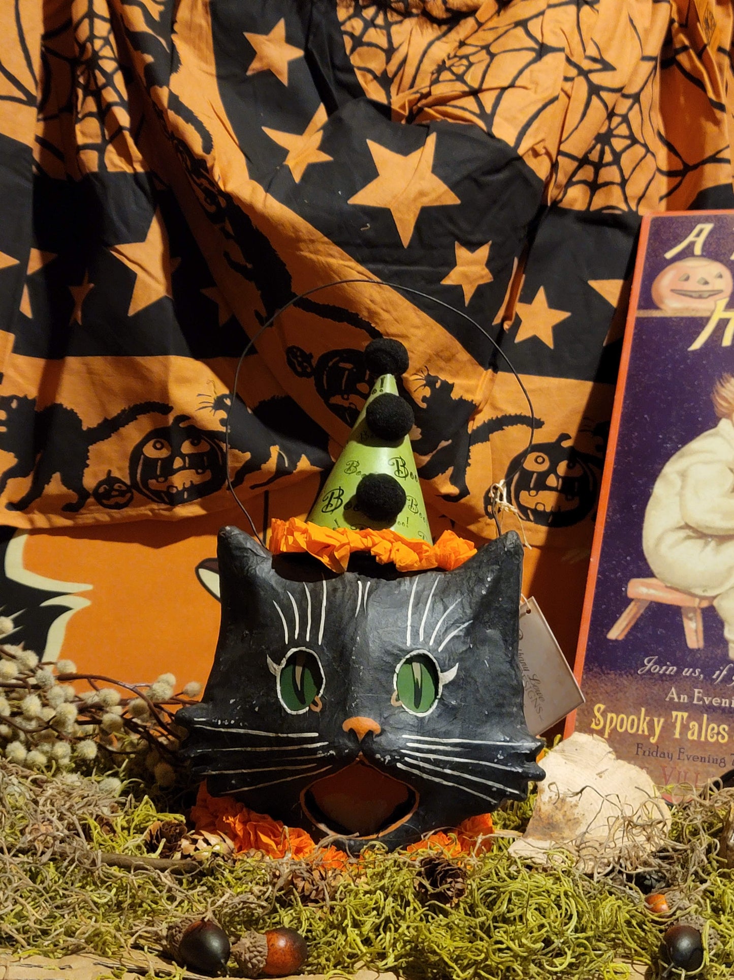 Vintage Halloween Style Bethany Lowe Black Cat Witch Candy Container Lantern